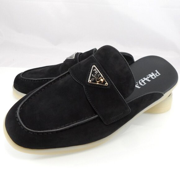 NIB$950 Prada Saint Tropez Suede Metal Triangle Logo Loafer Mules 7.5, US 8.5 - Picture 10 of 16